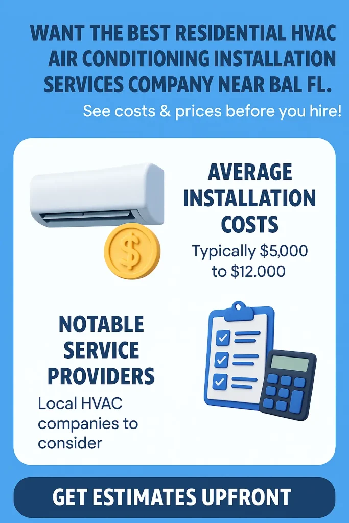 Want the Best Residential HVAC Air Conditioning Installation Services Company Near Bal Harbour FL? See Costs & Prices Before You Hire! 2 Vertical infographic explaining the best residential HVAC air conditioning installation services near Bal Harbour, FL, with sections on average installation costs and notable service providers, featuring clean blue layout and 3D icons of air conditioner, dollar sign, checklist, and calculator.